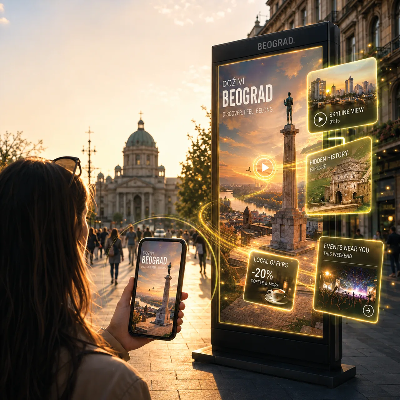 A person holding a phone toward a city display in Belgrade.