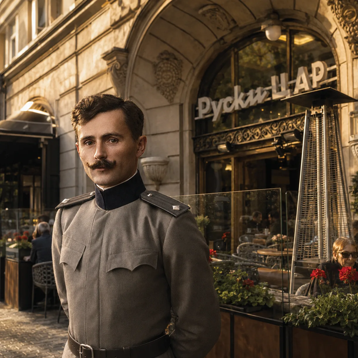 A historical character appearing outside a café in the DIVI brochure.