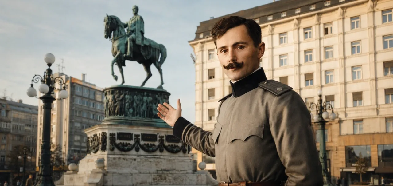 A historical character beside the equestrian monument in Belgrade.